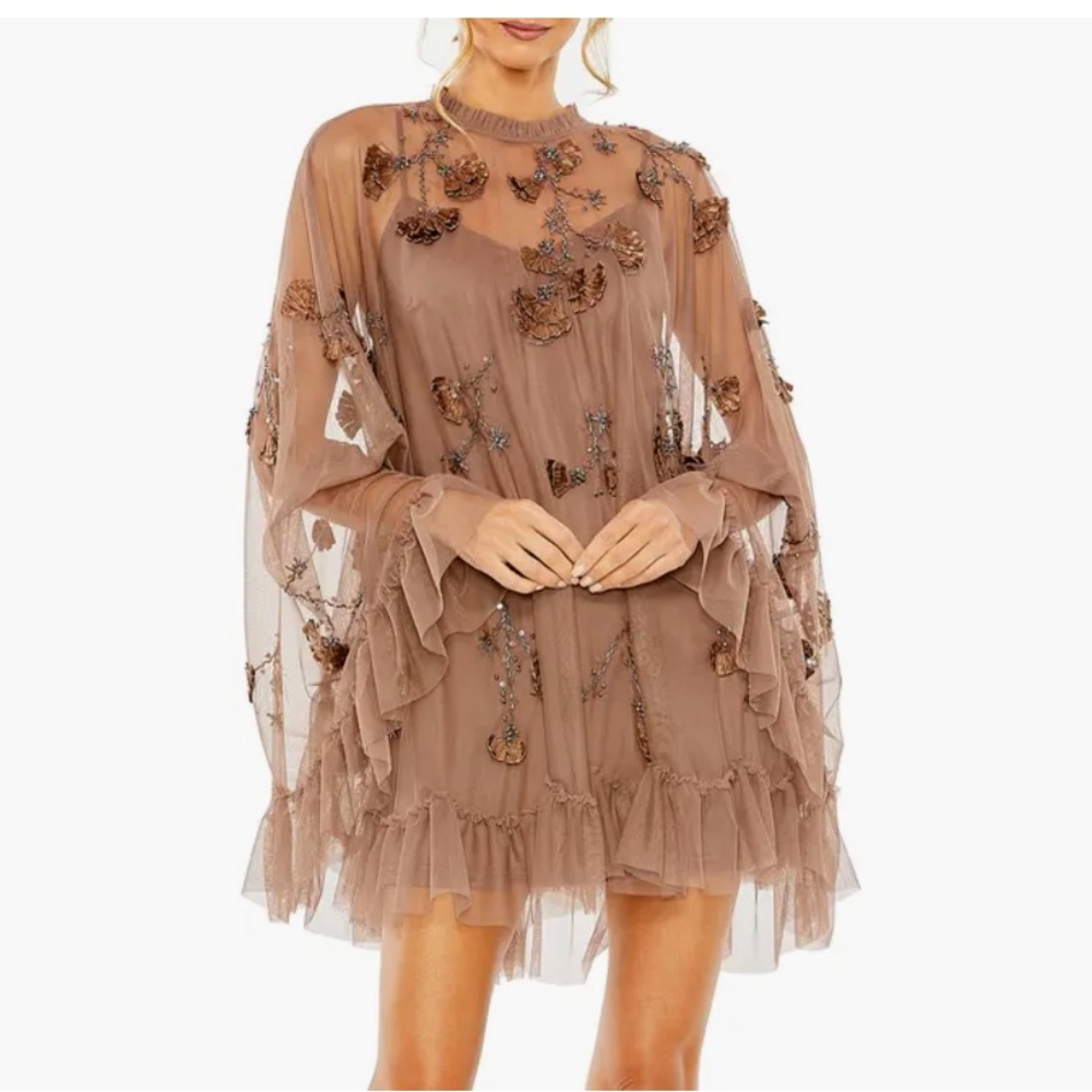 Mac Duggal long sleeve formal embellished trapeze cocktail dress